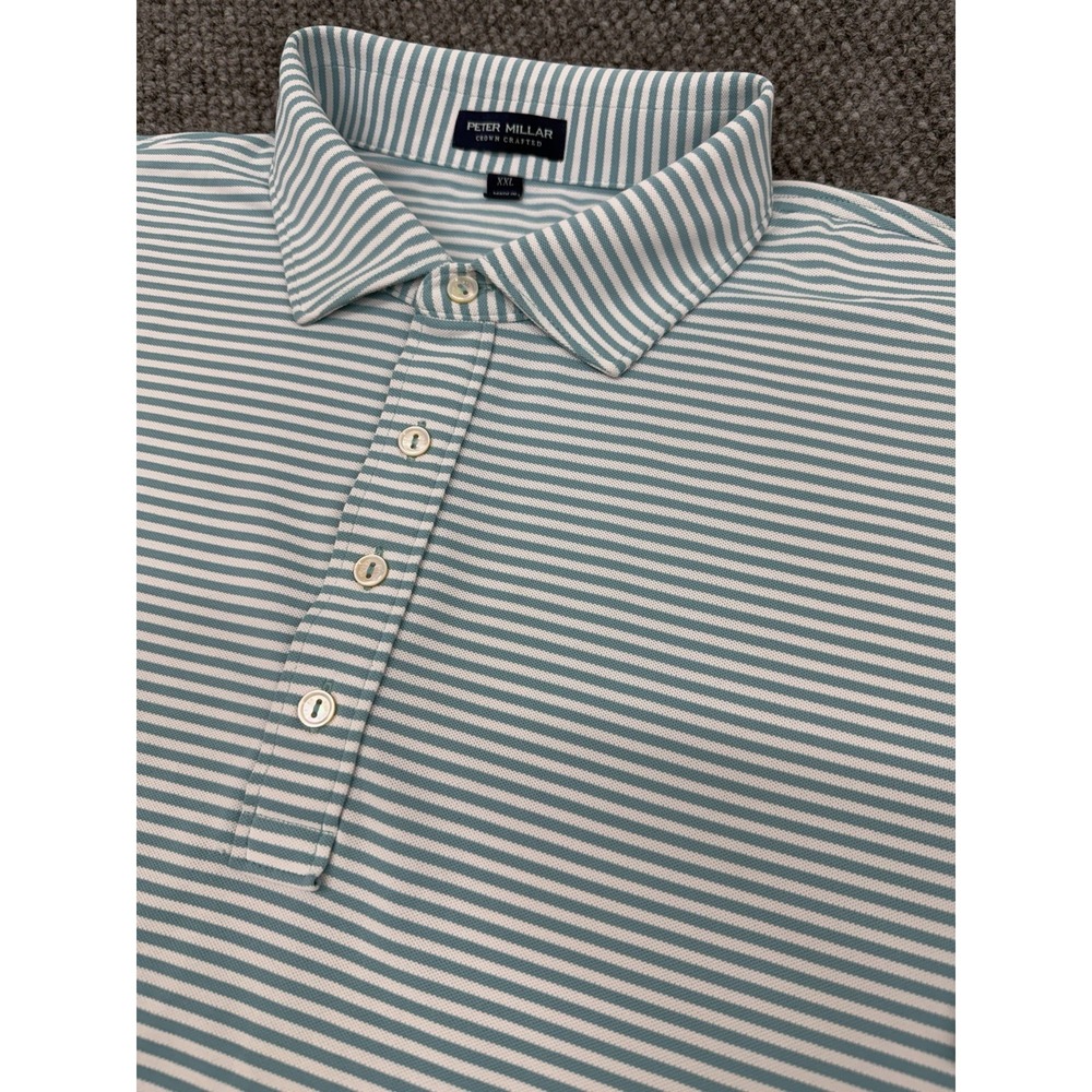 Peter Millar Crown Crafted Men's XXL 2XL Teal White Striped Golf Polo Shirt
